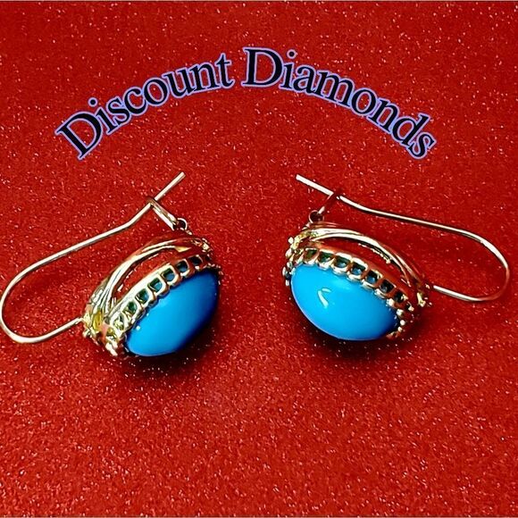 Oval Blue Turquoise Dangle Earrings 14K  Gold on 925 Sterling Silver Women's - Picture 4 of 8